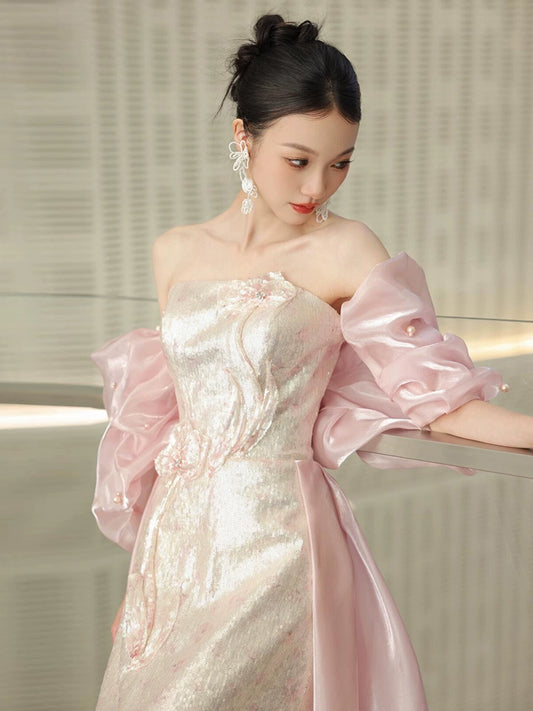 Morning robe female bride tube top high-end pink super fairy thousand gold style dress skirt engagement and coming-of-age ceremony toasting clothes