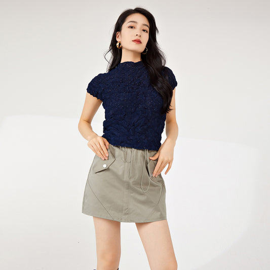 2025 Nanyou high-end women's clothing Sanzhai short-sleeved women's T-shirt slim-fitting design sense niche grab diamond-encrusted elastic versatile top