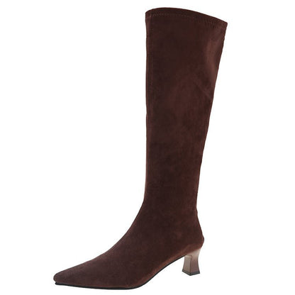 2025  Suede boots autumn and winter velvet popular new imperial sister wind pointed head high heel rear zipper medium long tube thin boots
