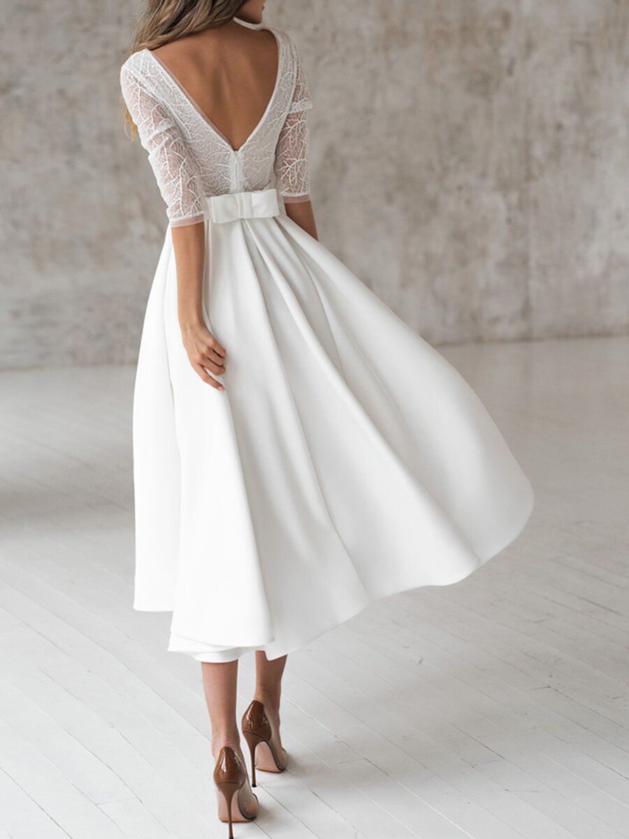 2021 spring and summer new New   2025 women's clothing pure white long-sleeved V-neck backless big swing dress