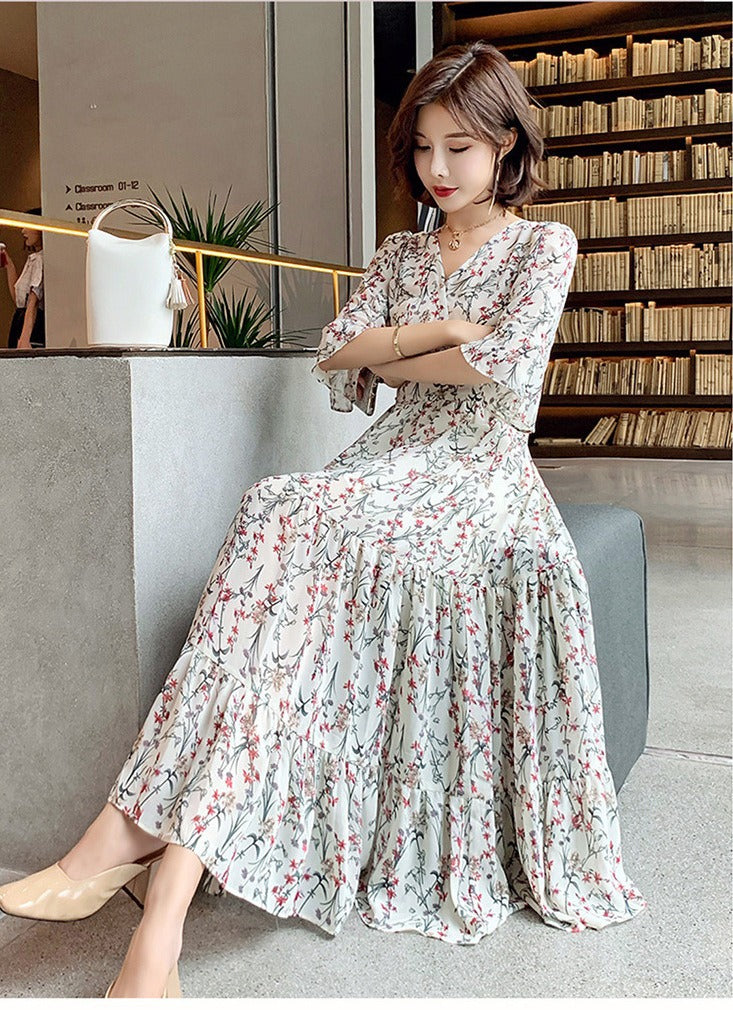 ZllKl  Cross-Border  Spring and Summer New Dress Tall Floral Chiffon V-neck Dress Temperament Fairy Dress