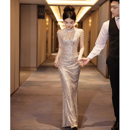 2025 Banquet evening dress 2025 new champagne neck tassel sequins fishtail long dress annual meeting art examination performance clothes