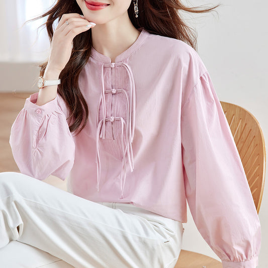 direct sales round neck long-sleeved shirt women's summer wear new design sense niche Chinese button top