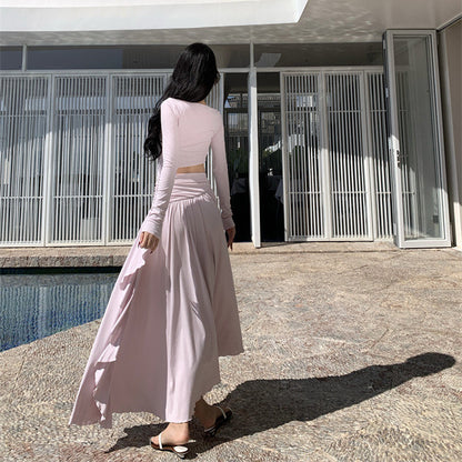 2025 Autumn new long-sleeved pure desire temperament hollow high waist thin folds irregular inner cover bottom dress women