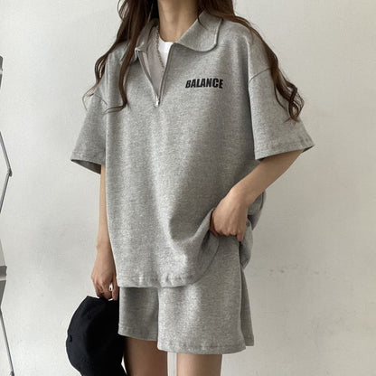 ZllKl Wholesale 4 colors, high-end cotton zipper set two-piece set women's short-sleeved shorts sportswear solid color loose summer fashion