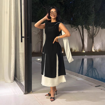 2025 spring and summer new 2025 Popular trade women's clothing Middle East New round neck color matching sleeveless slim temperament retro dress