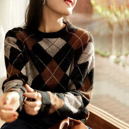 Retro style contrasting color knitted sweater autumn and winter new British rhombus plaid sweater women wear foreign style bottoming top