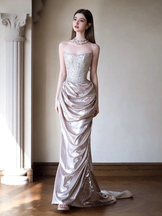 Tube top high-end evening dress temperament light luxury high-end sense sequined fishtail skirt bride engagement banquet heavy industry toasting clothes
