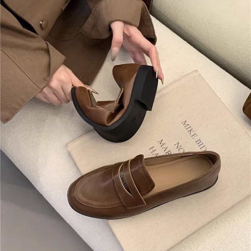 2025  Retro loafers women's popular new Korean version retro gold coins British style college small leather shoes black work shoes