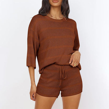 zllkl  European and American Style Women Summer 2-Piece Set Blouse Openwork Knitted Top Shorts Vacation Beach Casual Suit