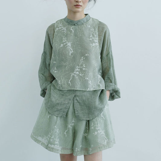 literary and artistic cool loose fried color ramie bat sleeve set light Chinese fake two-piece shirt set T24219