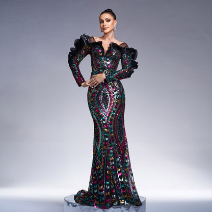 r 2025 new long-sleeved V-neck hollowed-out long sequined banquet fishtail evening dress bridesmaid dress women