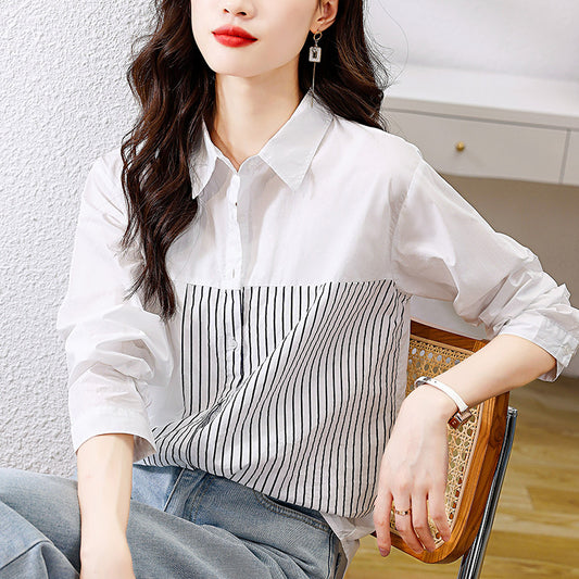 direct sales  splicing striped shirt women's long-sleeved autumn new high-end temperament top pure cotton white shirt