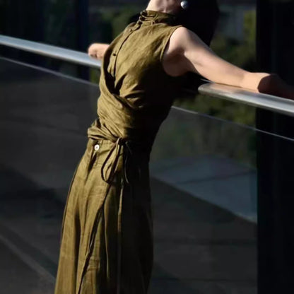 2025 New Chinese style national style buckle army green imitation linen vest wide-leg pants two-piece set design sense fashion set