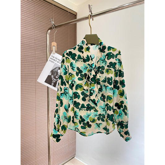 Silk shirt women's  spring and summer new temperament long-sleeved mulberry silk shirt lace-up commuter niche temperament top