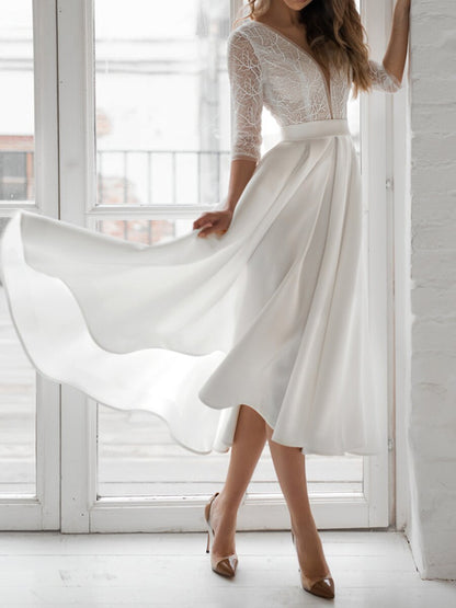 2021 spring and summer new New   2025 women's clothing pure white long-sleeved V-neck backless big swing dress