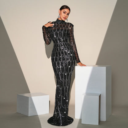 r 2025 high-end long-sleeved temperament round neck slim-fitting long sequined banquet evening dress bridesmaid dress women