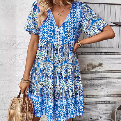 Zllk  European and American  Cross-Border Summer New V-neck Dress Fashion Loose Bohemian Printed Short Skirt