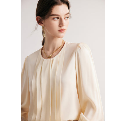 Silk shirt women's popular spring and summer new solid color round neck OL commuting 19 mmi elastic double Joe mulberry silk top