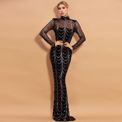r long-sleeved black trailing dress 2025 new sexy perspective striped sequins long evening dress women