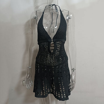 Sexy Spaghetti Straps Knitted Hollow Backless Lace-up New 2025 Summer New European and American Knitted Dress