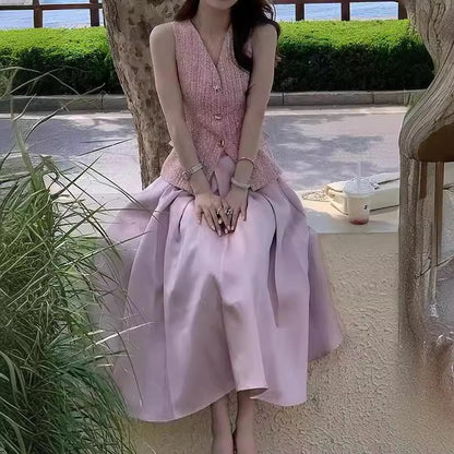 2025 Spot popular summer new fresh two-piece set collectible small fragrant top vest + skirt set