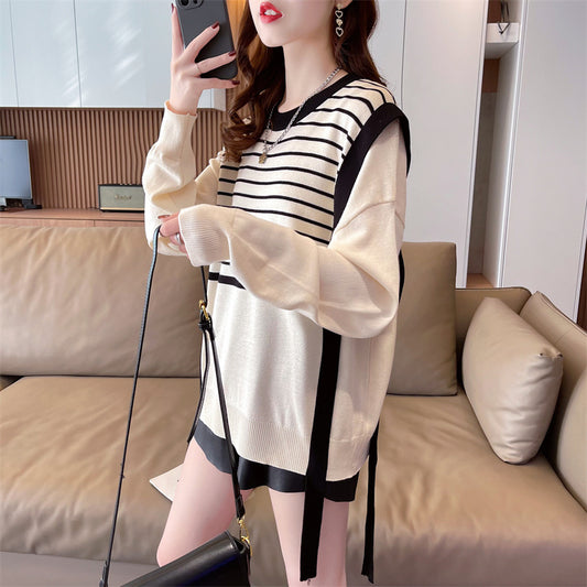 striped sweater women's niche design sense  new autumn and winter splicing fake two-piece knitted sweater lazy wind