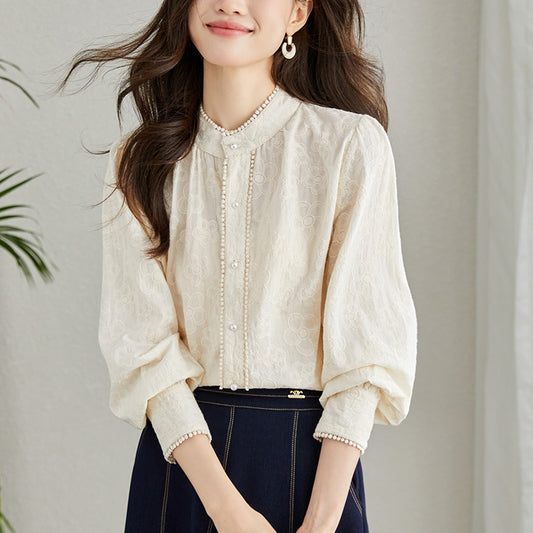 Cotton cocoon, pearl buckle apricot shirt women's long sleeves 2025 spring round neck embroidered top pure cotton temperament shirt
