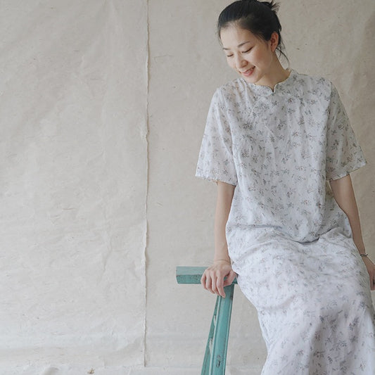 design fresh Tencel printing diagonal placket slim cheongsam, pastoral floral jade buckle dress L2236