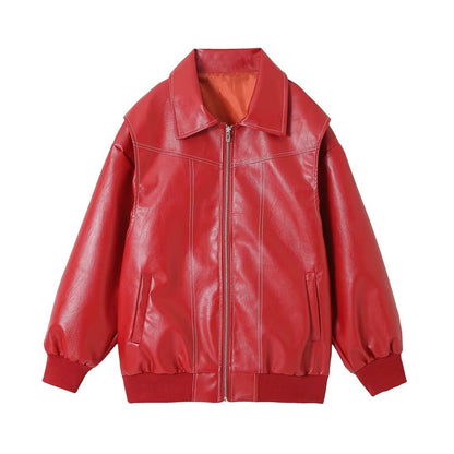 European and American cross-border women's clothing 2023 autumn and winter new PU leather couple loose American casual retro ruffian handsome locomotive leather jacket