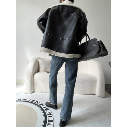 Mengzixi, Yang Mi, Liu Yun, the same motorcycle suit, lamb wool fleece leather jacket, women's autumn and winter jacket X1683