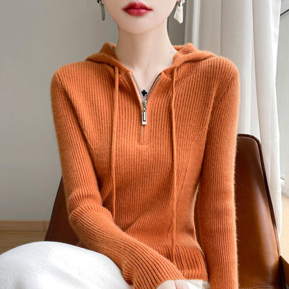 Half-zipper drawstring slim cashmere sweater women's pullover sweater autumn and winter solid color hooded wool knitted slim base