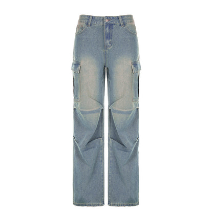 2025 Street Washed White Side Multi-Pocket Wide-Leg Jeans Women's Low Waist Loose Slimming Pleated Trousers Spring