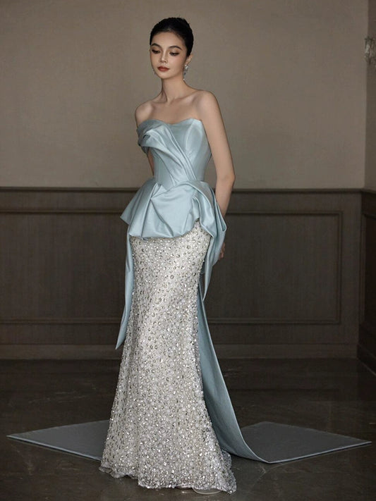 Blue heavy industry evening dress 2025 new temperament tube top sequins high-end fishtail engagement banquet bridal toast dress