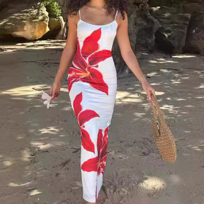 European and American Summer  2025 New Slim Fit Sexy Slit Hip Skirt Flower Print Dacron Camisole Dress