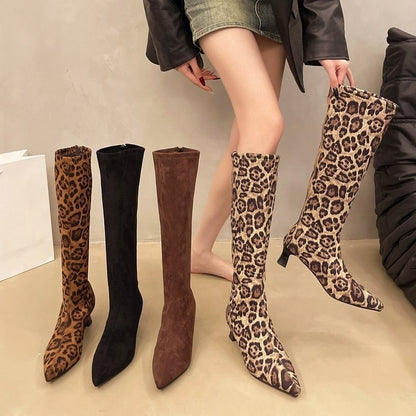 2025  Suede boots autumn and winter velvet popular new imperial sister wind pointed head high heel rear zipper medium long tube thin boots