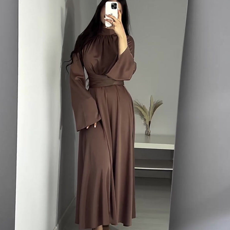 ZllKl  Autumn New  Cross Border  Cross-Border Solid Color round-Neck High Waist Slim Long Sleeve Elegant Dress