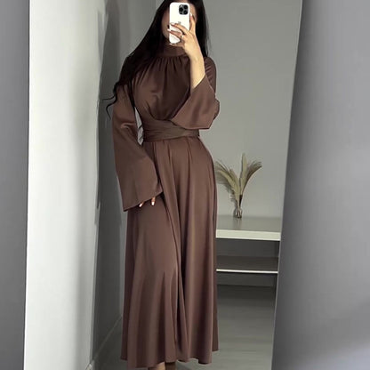 ZllKl  Autumn New  Cross Border  Cross-Border Solid Color round-Neck High Waist Slim Long Sleeve Elegant Dress