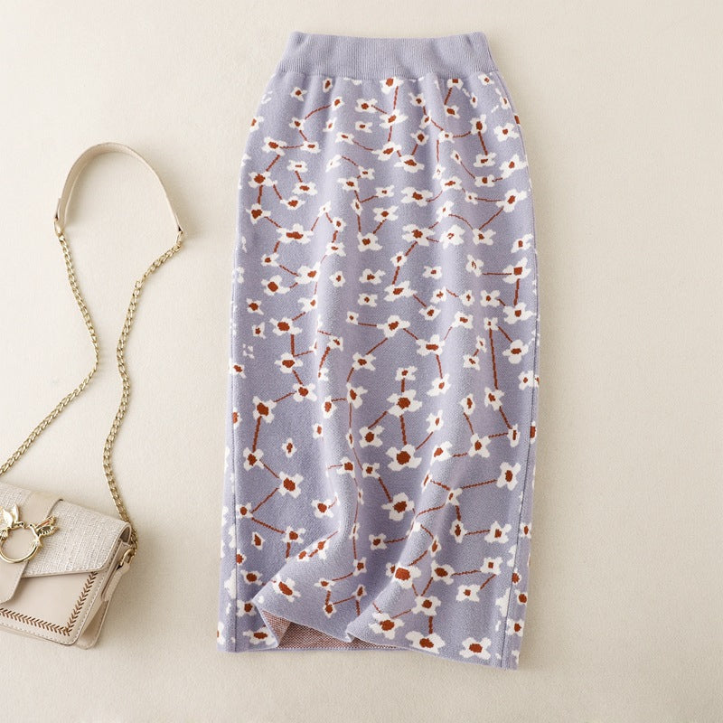 ZllKl Knitted skirt high waist hip skirt a-shaped skirt medium and long autumn clothing New new women's winter skirt floral skirt