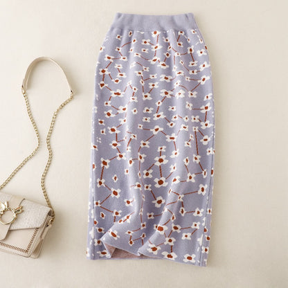 ZllKl Knitted skirt high waist hip skirt a-shaped skirt medium and long autumn clothing New new women's winter skirt floral skirt