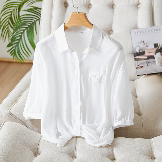 direct sales lapel shirt women's 2025 spring new design breast bag top thin breathable commuter shirt