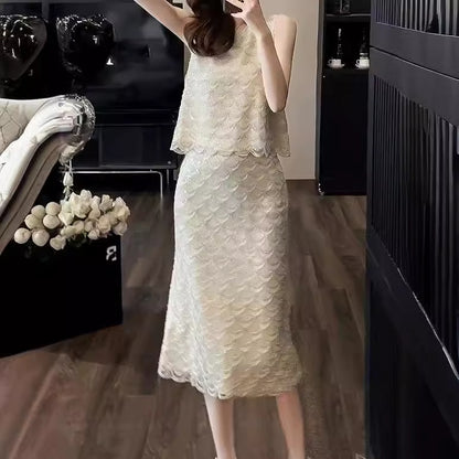 2025 popular Summer New  Light Luxury Celebrity Lace Embroidery Crew Neck Sleeveless Top Women's Skirt Two-piece Set