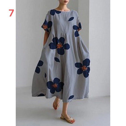 ZllKl  Cross-Border  Summer New European and American Women's Clothing Loose round Neck Fashion Advanced Short Sleeve Printing Dress