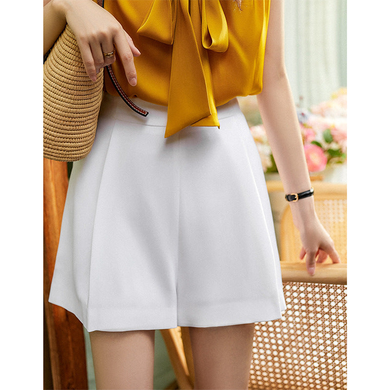 2025 Long legs! Triacetic acid high-waisted hot pants, thin A-shaped wide-leg pants  summer silky shorts white black
