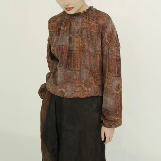 retro double yarn printed elastic collar shirt, old early autumn top S23210