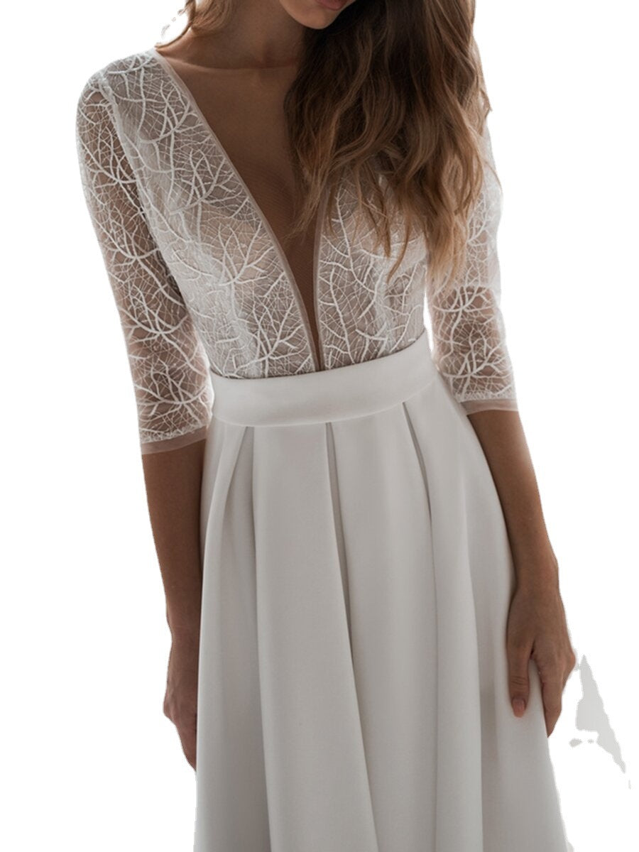 2021 spring and summer new New   2025 women's clothing pure white long-sleeved V-neck backless big swing dress