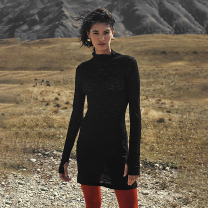 2025 F24DS147  New women's clothing autumn new simple casual solid color round neck long-sleeved lace short dress