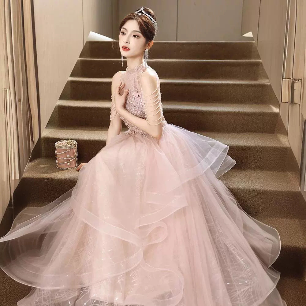 2025 Banquet evening dress dress 2025 new light luxury pink fringed high sense engagement toast dress bridal morning gown dress
