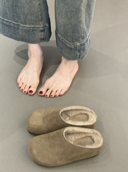 2025  Thick-bottomed small Mori girl retro big head ugly cute warm velvet bag head Birkenstock half slippers