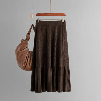ZllKl Hot trade New Korean version of solid color knitted skirt, fashionable, simple and versatile, high waist and thin pleated skirt, medium and long women